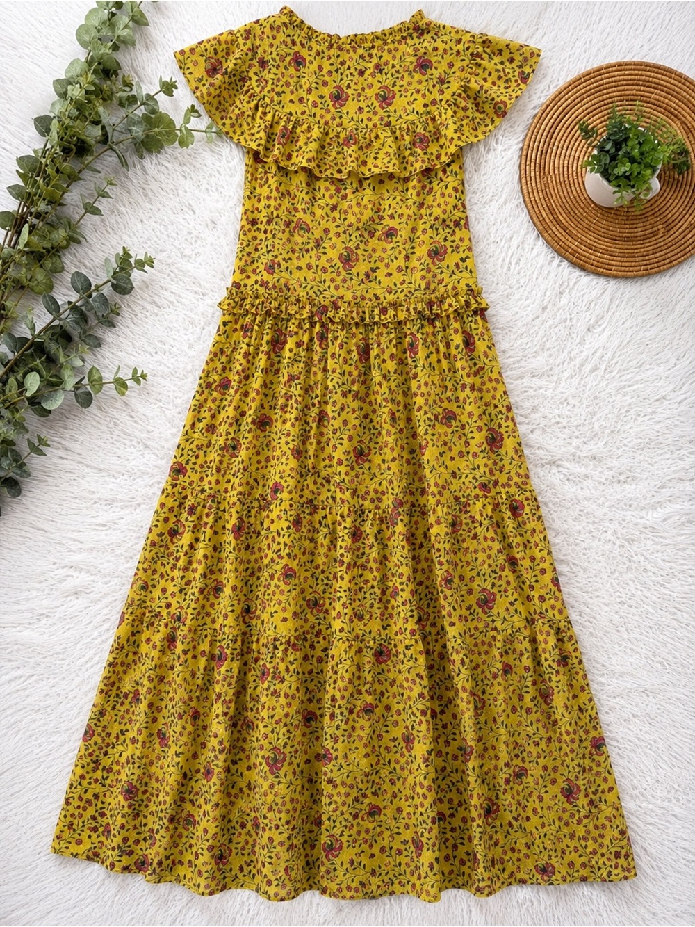Banjanan Yellow Floral Maxi Dress with Ruffle V-Neck 100% COTTON - Picture 6 of 7